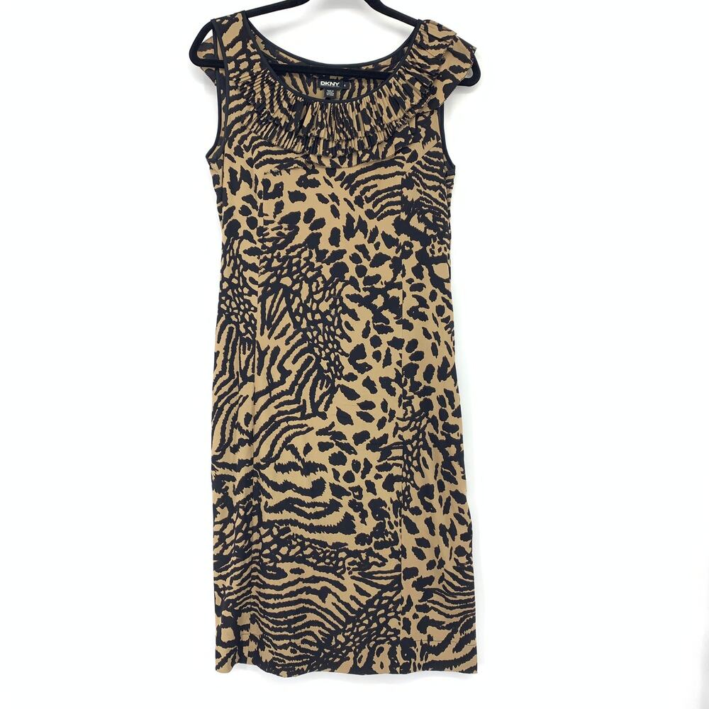 DKNY Cap Sleeve Shift Dress Womens Size 4 Leopard Animal Print Tan Black Silk